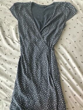 Brandy Melville Navy Blue Mini Wrap Dress with White Ditsy Print